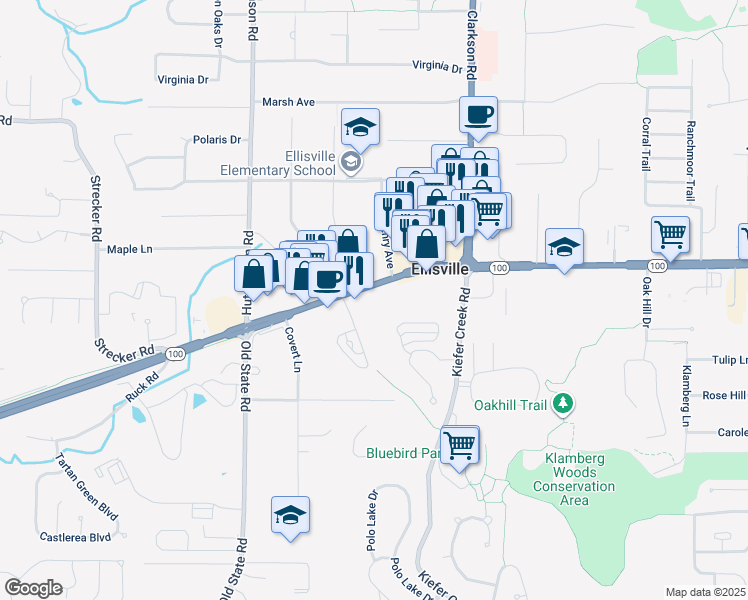 map of restaurants, bars, coffee shops, grocery stores, and more near 15952-15978 Manchester Rd in Ellisville