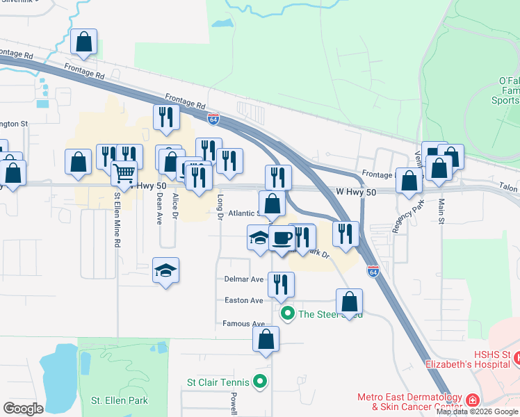 map of restaurants, bars, coffee shops, grocery stores, and more near 1311 West U.S. 50 in O'Fallon
