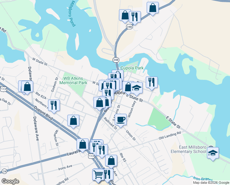 map of restaurants, bars, coffee shops, grocery stores, and more near  in Millsboro