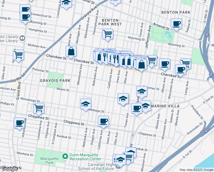 map of restaurants, bars, coffee shops, grocery stores, and more near 3519 California Avenue in St. Louis