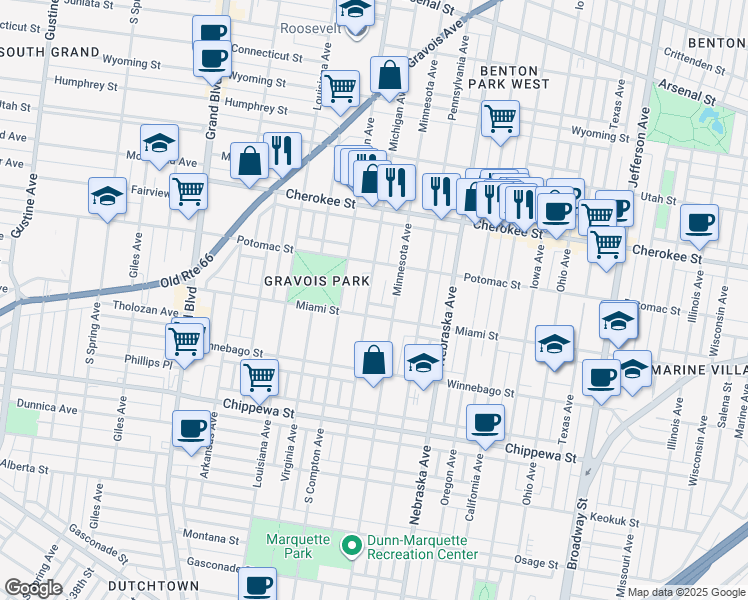 map of restaurants, bars, coffee shops, grocery stores, and more near 3523 Minnesota Avenue in St. Louis