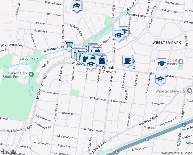 map of restaurants, bars, coffee shops, grocery stores, and more near 55 South Gore Avenue in Webster Groves