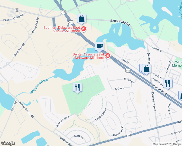 map of restaurants, bars, coffee shops, grocery stores, and more near 20999 Brunswick Lane in Millsboro