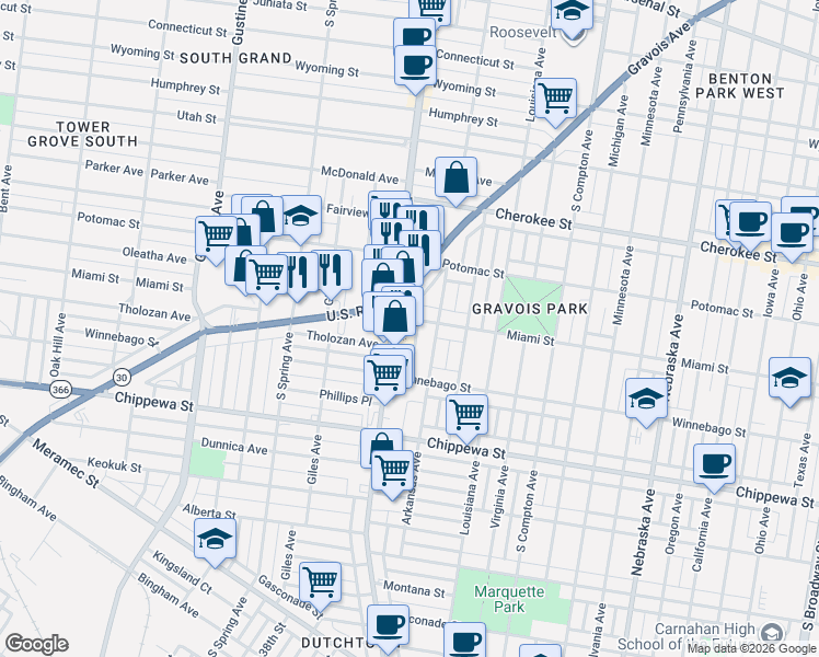 map of restaurants, bars, coffee shops, grocery stores, and more near 3519 Miami Street in St. Louis
