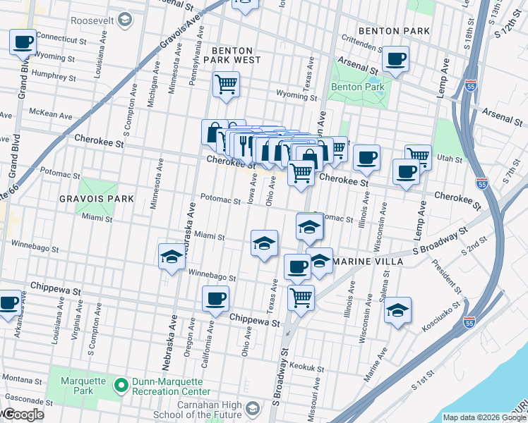 map of restaurants, bars, coffee shops, grocery stores, and more near 3454 Ohio Avenue in St. Louis