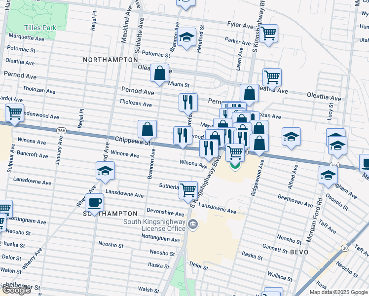 map of restaurants, bars, coffee shops, grocery stores, and more near 5001 Chippewa Street in St. Louis