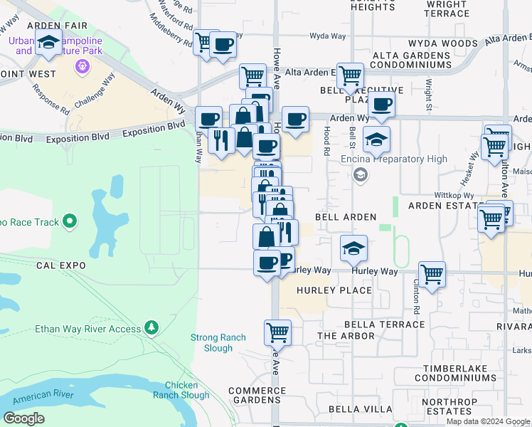 map of restaurants, bars, coffee shops, grocery stores, and more near 1417 Howe Avenue in Sacramento