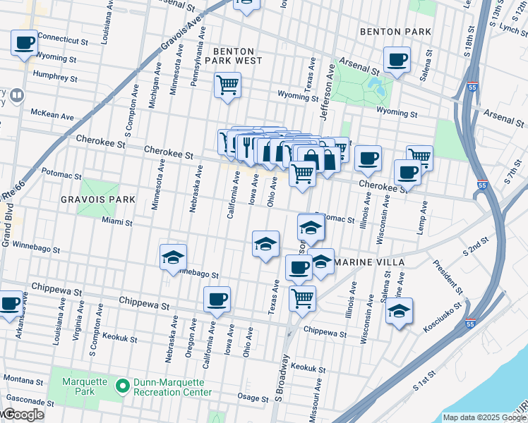 map of restaurants, bars, coffee shops, grocery stores, and more near 3454 Ohio Avenue in St. Louis