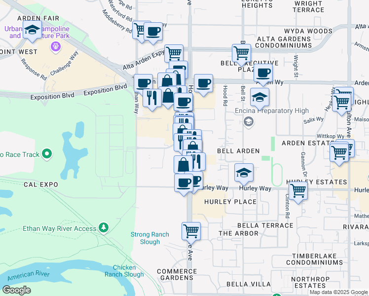 map of restaurants, bars, coffee shops, grocery stores, and more near 1417 Howe Avenue in Sacramento