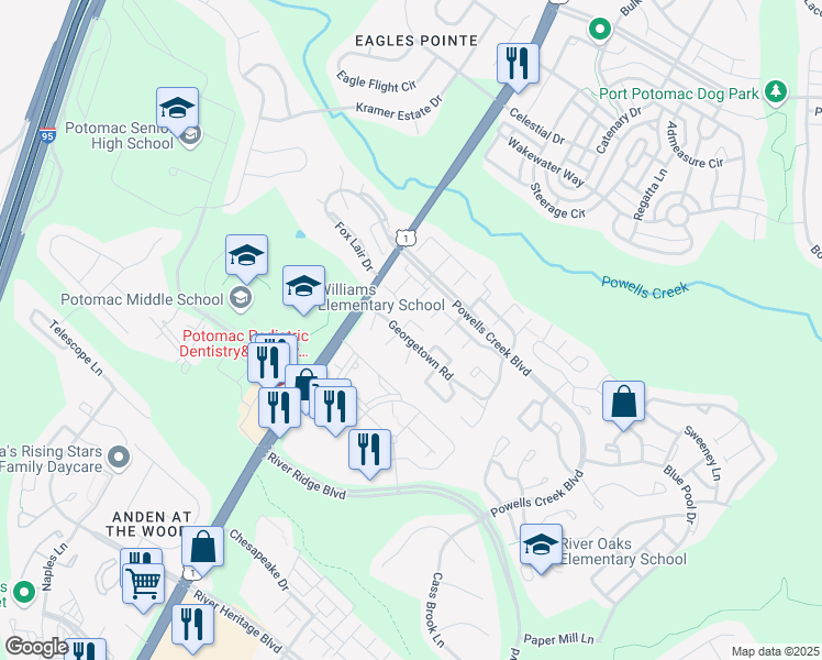 map of restaurants, bars, coffee shops, grocery stores, and more near 2881 Gloucester Court in Woodbridge