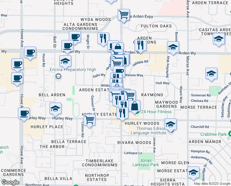 map of restaurants, bars, coffee shops, grocery stores, and more near 2510 Wittkop Way in Sacramento