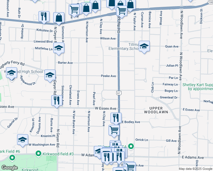 map of restaurants, bars, coffee shops, grocery stores, and more near 724 North Clay Avenue in Kirkwood