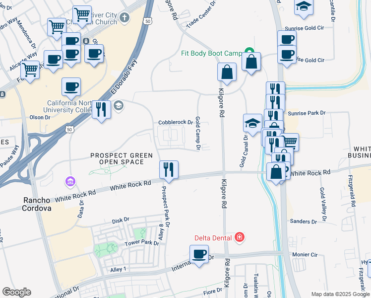 map of restaurants, bars, coffee shops, grocery stores, and more near 3140 Gold Camp Drive in Rancho Cordova