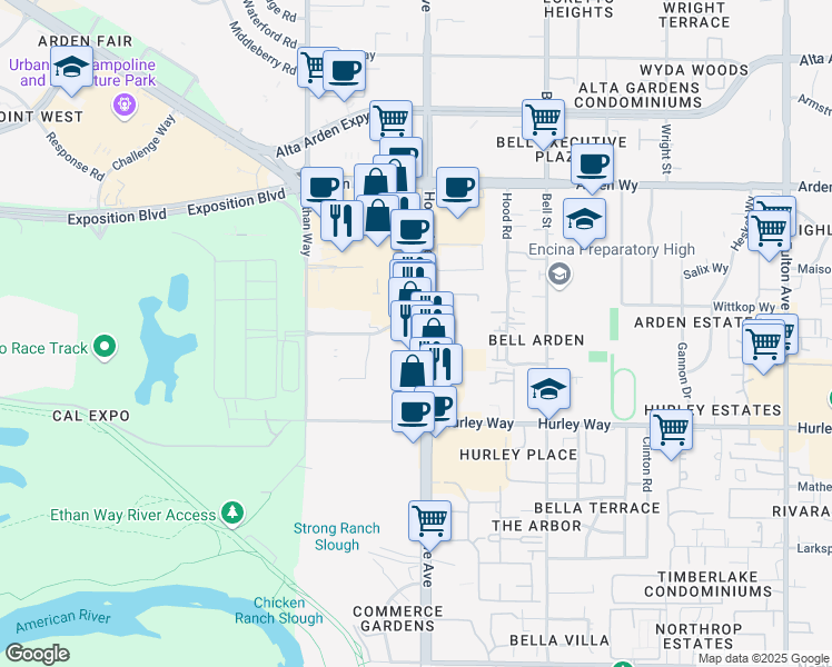 map of restaurants, bars, coffee shops, grocery stores, and more near 1431 Howe Avenue in Sacramento
