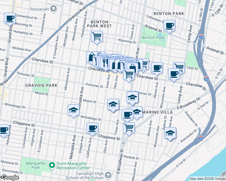 map of restaurants, bars, coffee shops, grocery stores, and more near 3454 Ohio Avenue in St. Louis