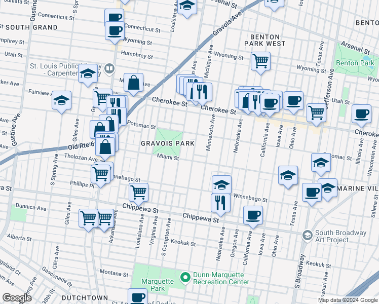 map of restaurants, bars, coffee shops, grocery stores, and more near 3526 South Compton Avenue in St. Louis