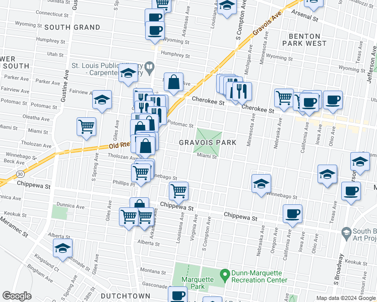 map of restaurants, bars, coffee shops, grocery stores, and more near 3543 Louisiana Avenue in St. Louis