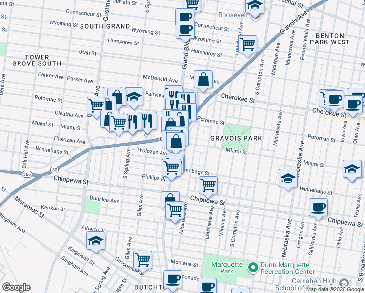 map of restaurants, bars, coffee shops, grocery stores, and more near 3519 Miami Street in St. Louis