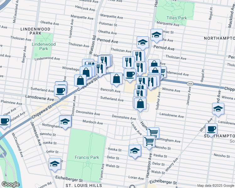 map of restaurants, bars, coffee shops, grocery stores, and more near 6303 Bancroft Avenue in St. Louis