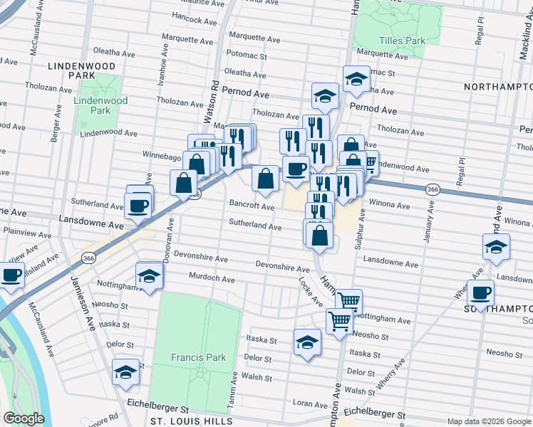 map of restaurants, bars, coffee shops, grocery stores, and more near 6303 Bancroft Avenue in St. Louis