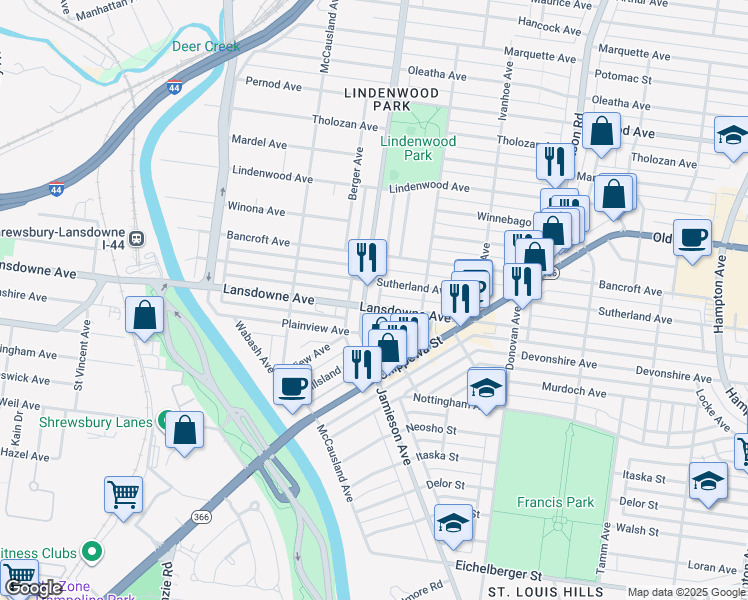 map of restaurants, bars, coffee shops, grocery stores, and more near 6816 Sutherland Avenue in St. Louis