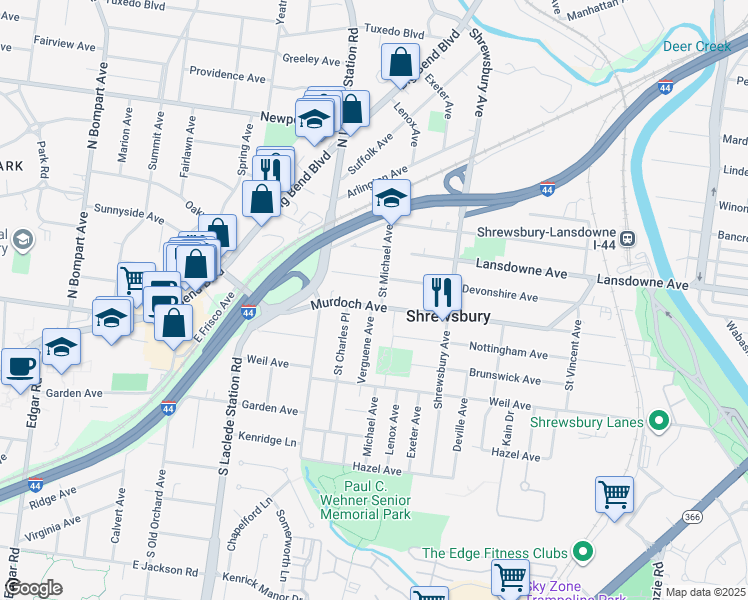 map of restaurants, bars, coffee shops, grocery stores, and more near 7700 Devonshire Avenue in St. Louis