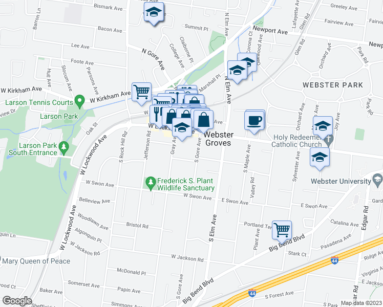 map of restaurants, bars, coffee shops, grocery stores, and more near 20 Gray Avenue in Webster Groves