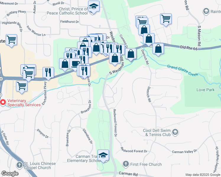 map of restaurants, bars, coffee shops, grocery stores, and more near 240 Hickory Hedge Drive in Manchester