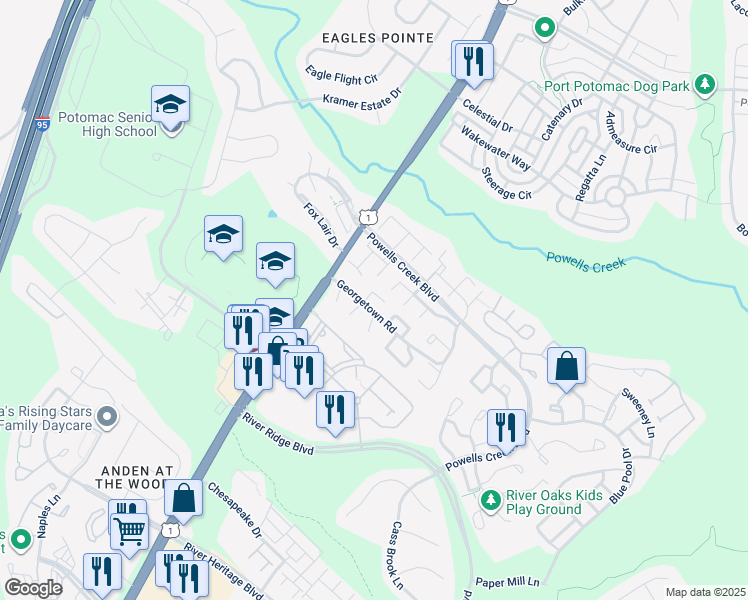 map of restaurants, bars, coffee shops, grocery stores, and more near 2881 Gloucester Court in Woodbridge