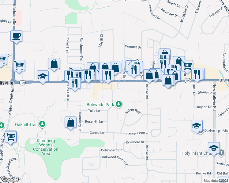map of restaurants, bars, coffee shops, grocery stores, and more near 15562 Manchester Road in Ballwin