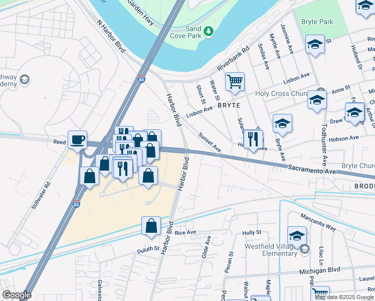 map of restaurants, bars, coffee shops, grocery stores, and more near Reed Ave & Harbor Blvd in West Sacramento