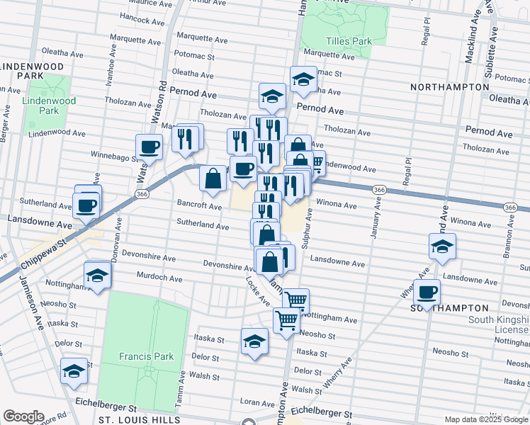 map of restaurants, bars, coffee shops, grocery stores, and more near 50 Hampton Village Plaza in St. Louis