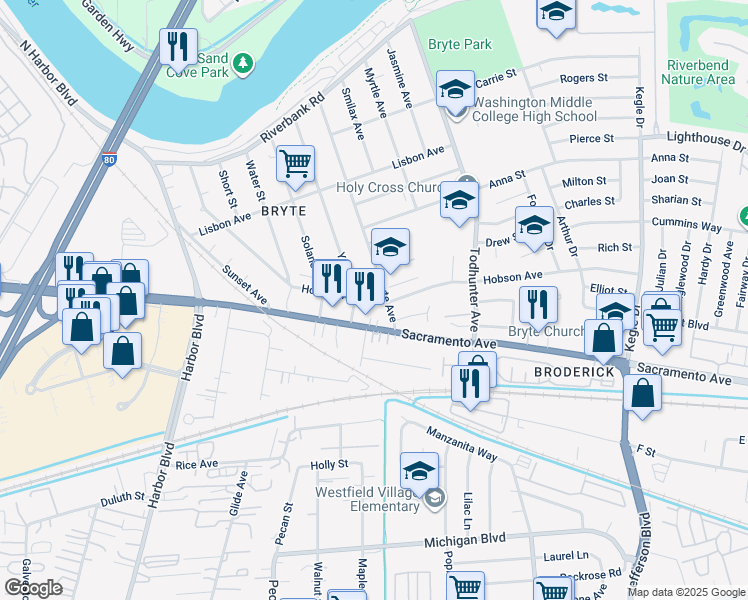 map of restaurants, bars, coffee shops, grocery stores, and more near 1506 Hobson Avenue in West Sacramento