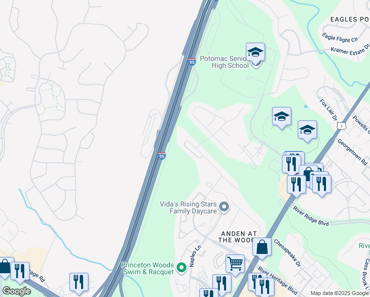map of restaurants, bars, coffee shops, grocery stores, and more near 3412 Telegraph Station Loop in Dumfries
