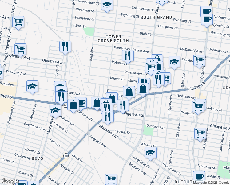 map of restaurants, bars, coffee shops, grocery stores, and more near 4052 Tholozan Avenue in St. Louis
