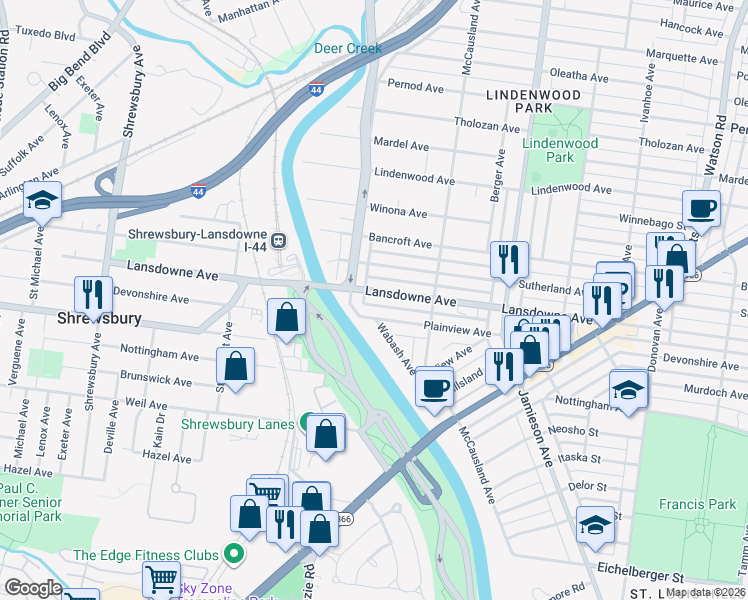 map of restaurants, bars, coffee shops, grocery stores, and more near 7059 Lansdowne Avenue in St. Louis