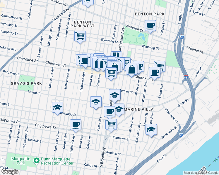 map of restaurants, bars, coffee shops, grocery stores, and more near 2613 Potomac Street in St. Louis
