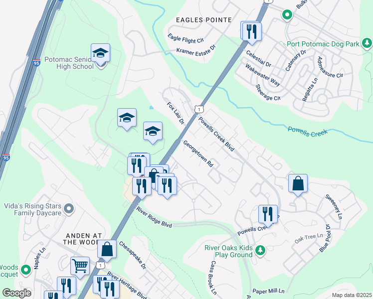 map of restaurants, bars, coffee shops, grocery stores, and more near 2899 Williamsburg Court in Woodbridge