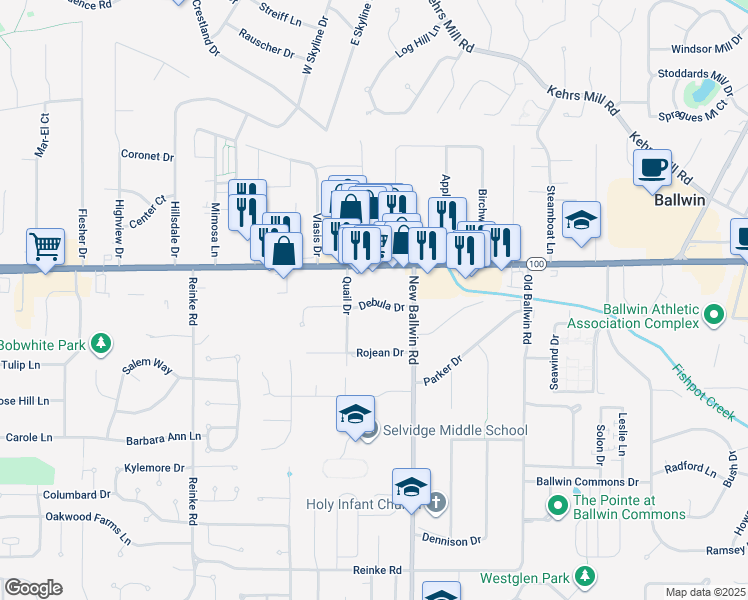 map of restaurants, bars, coffee shops, grocery stores, and more near 725 Debula Drive in Ellisville