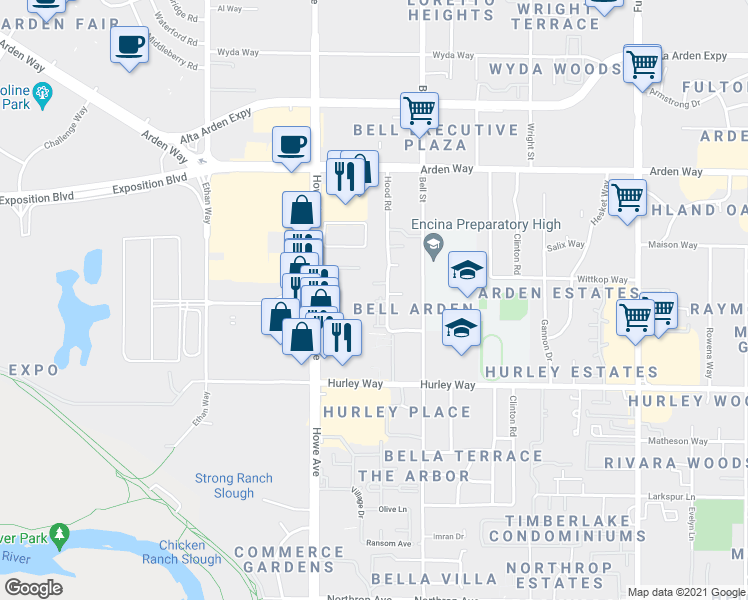 map of restaurants, bars, coffee shops, grocery stores, and more near 1433 Hood Road in Sacramento
