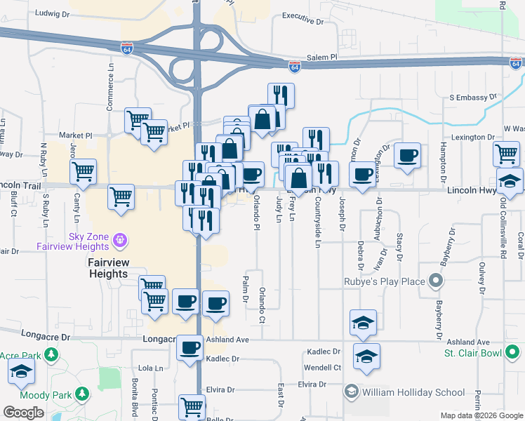 map of restaurants, bars, coffee shops, grocery stores, and more near 13 Judy Lane in Fairview Heights
