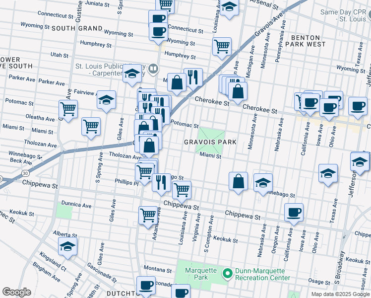 map of restaurants, bars, coffee shops, grocery stores, and more near 3543 Louisiana Avenue in St. Louis