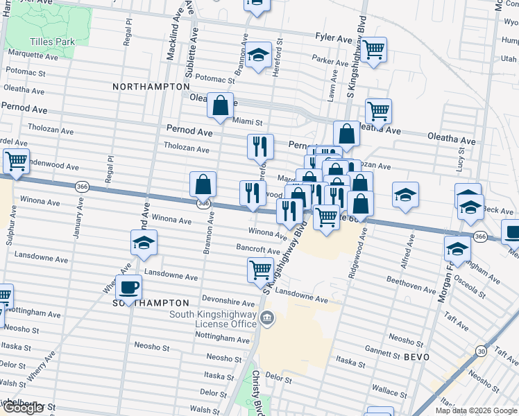 map of restaurants, bars, coffee shops, grocery stores, and more near 4974 Lindenwood Avenue in St. Louis