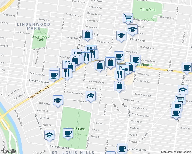 map of restaurants, bars, coffee shops, grocery stores, and more near 6346 Bancroft Avenue in St. Louis