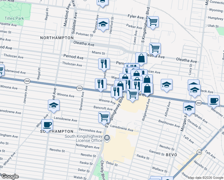 map of restaurants, bars, coffee shops, grocery stores, and more near 4953 Chippewa Street in St. Louis