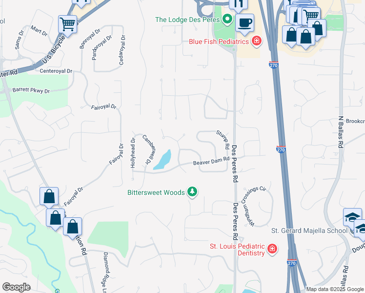 map of restaurants, bars, coffee shops, grocery stores, and more near 784 Haw Thicket Lane in Des Peres