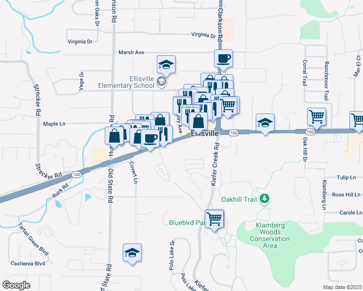 map of restaurants, bars, coffee shops, grocery stores, and more near 15950 Manchester Road in Ellisville