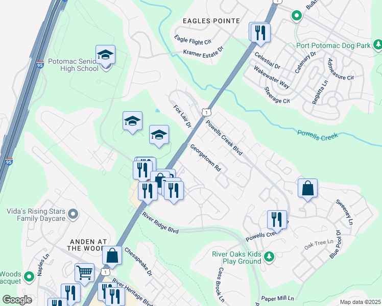 map of restaurants, bars, coffee shops, grocery stores, and more near 2899 Williamsburg Court in Woodbridge