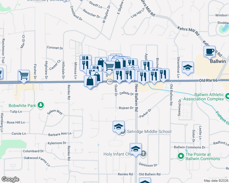 map of restaurants, bars, coffee shops, grocery stores, and more near 759 Debula Drive in Ellisville