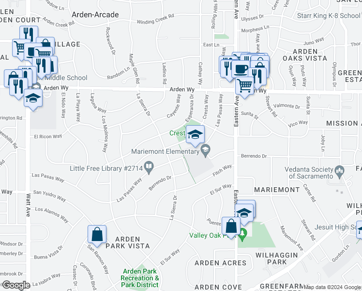 map of restaurants, bars, coffee shops, grocery stores, and more near 4016 Cresta Way in Sacramento